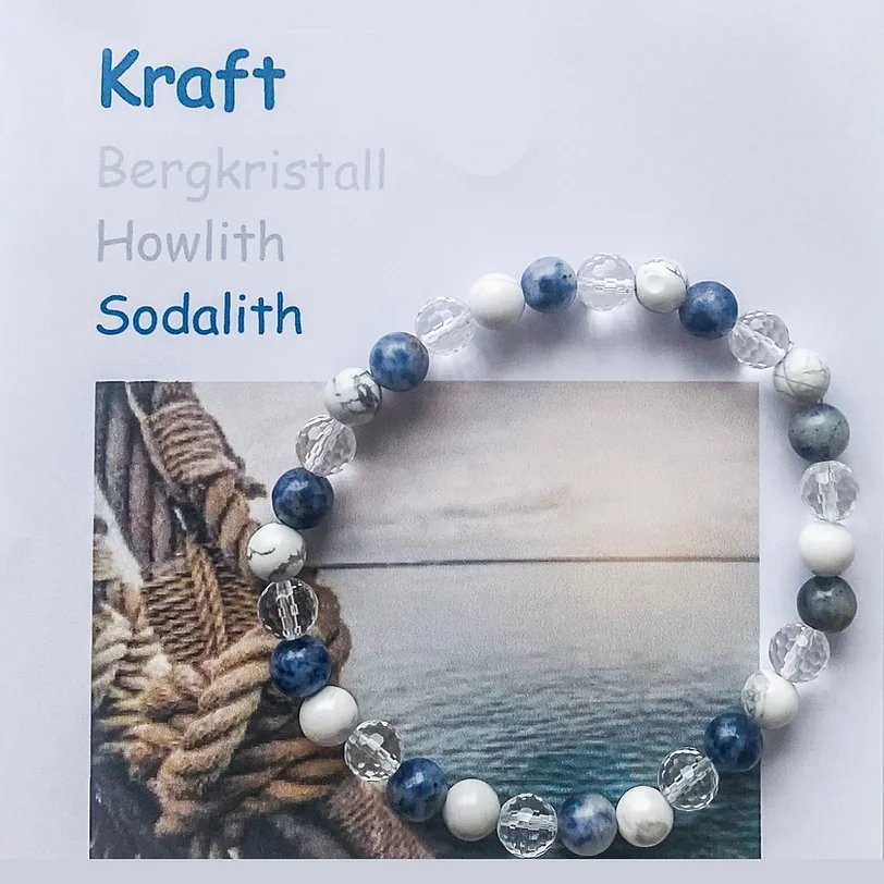 Edelstein Themenarmband Kraft Bergkristall, Howlith, Sodalith